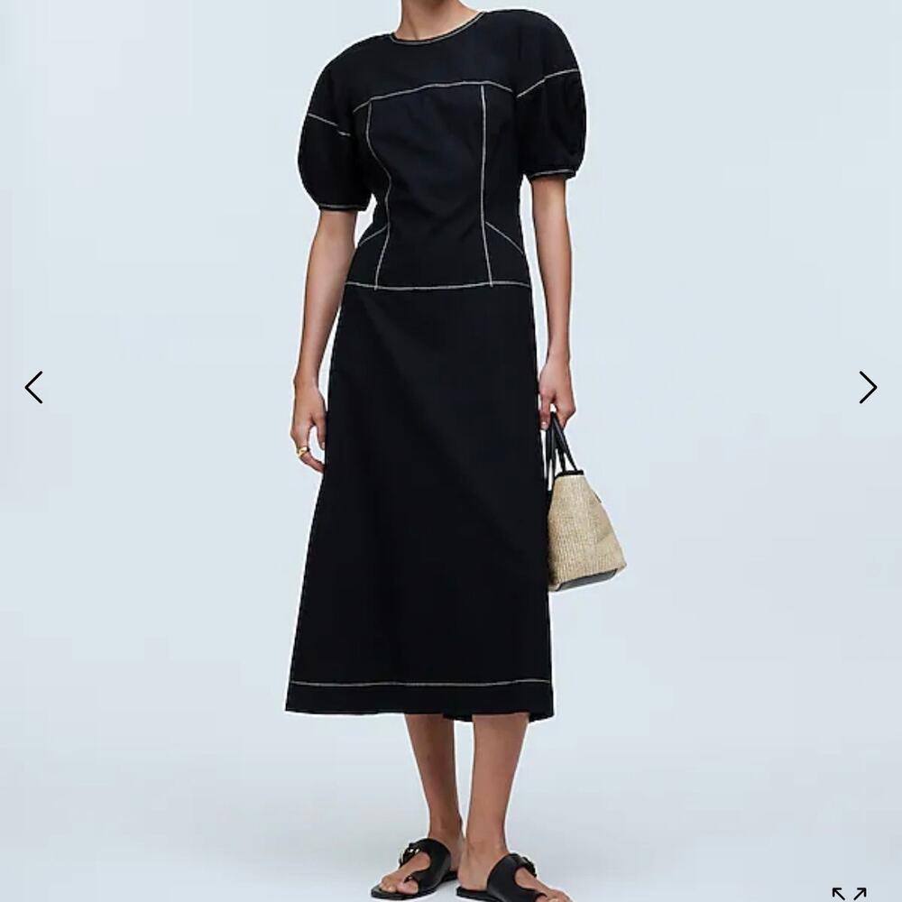 Madewell Puff Sleeve Drop Waist Midi Dress Cotton Poplin Women's 0 Black